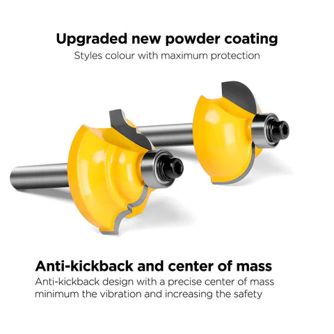 Router Bits Set 50 Piece, One Quarter Inch Shank, Tungsten Carbide Bits with yellow anti-kickback coating, close-up view.