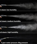 Fenokd Handheld Steam Cleaner Portable Steamer For Home And Car Detailing showing 3 steam levels and water pressure in use.
