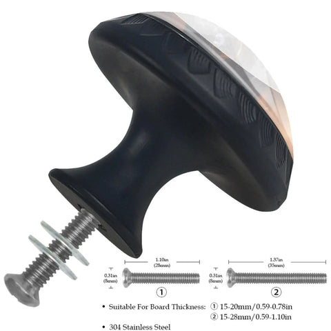 Side view of Four Pack Black Crystal Glass Cabinet Knobs 1.37 Inch Round Drawer Pulls showing knob dimensions and screws