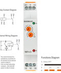 Beefy Delay Off Timer Relay 16A 1-SPDT with Universal 12-240V ACDC Power Range, TBT7-C1 Pro Auto Off for Home, Shop, and Industrial Controls, Works With 12V to 240V In One Unit, front view with wiring diagram