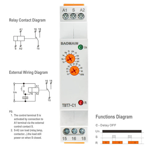 Beefy Delay Off Timer Relay 16A 1-SPDT with Universal 12-240V ACDC Power Range, TBT7-C1 Pro Auto Off for Home, Shop, and Industrial Controls, Works With 12V to 240V In One Unit, front view with wiring diagram