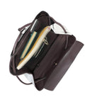 Inside view of Kick Up Your Daily Fit With This Slick Black And White Piano Grid Womens Leather Backpack featuring spacious storage.