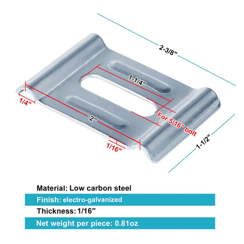 30 Pack Hold Down Clamps For Basket Wire Mesh Cable Tray Fasteners For Ground Or Stand Off Brackets Blue Bright Electrogalvanized Finish In Low Carbon Steel Built Tough, close-up of clamp dimensions and details.