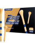 All Natural Bamboo Golf Tees Set 170 Pack With 120 Long Tees And 50 Short Tees Biodegradable Three And A Quarter Inch Built For Longer Straighter Drives And Less Friction On Every Tee displayed with packaging