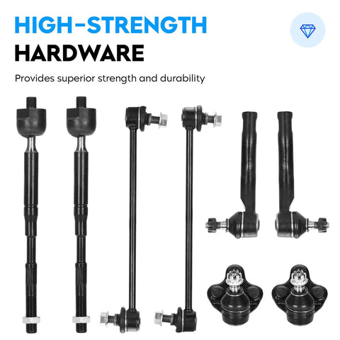 Beefy Front Suspension Kit for Toyota Corolla 2003 to 2008 Featuring Lower Control Arms Ball Joints Sway Bar Links and Tie Rods 10 Piece Set Heavy Duty OE Style Replacement Ready to Install and Built for Smooth Rides, black hardware set