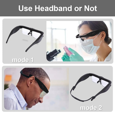 Rechargeable Hands Free Magnifier Headset With Five Detachable Lenses From 0.75X To 4.0X And Three LED Lights in use