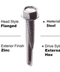 Self Drilling Tek Screws With Hex Washer Head For Attaching Sheet Metal To Steel Zinc Plated Steel Size 12 24 By 1.5 Inch