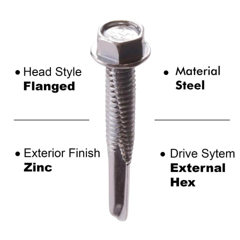 Self Drilling Tek Screws With Hex Washer Head For Attaching Sheet Metal To Steel Zinc Plated Steel Size 12 24 By 1.5 Inch