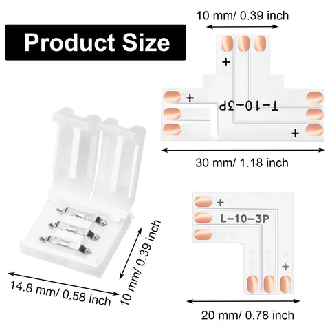 Diagram showing 10mm 3 Pin LED Strip Connectors Kit Solderless L Shape And T Shape Adapters dimensions and sizes.