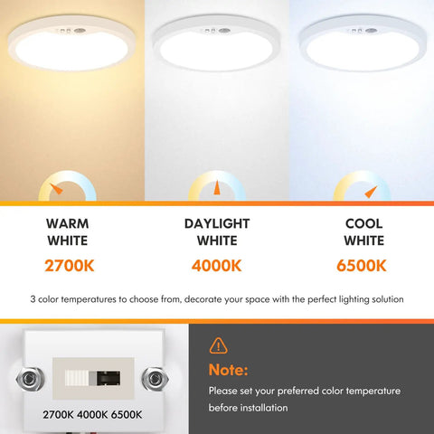 Two Pack Motion Sensor LED Ceiling Light 7 Inch 15W Flush Mount With Selectable 2700K 4000K 6500K Color Temps on display.