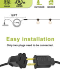 Built Tough 16 Foot Black Extension Cord With Two Prong Plug And 20 AWG Waterproof Cable Designed For Outdoor String Lights, showing easy installation with plugs.