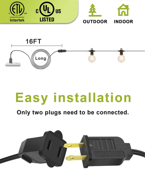 Built Tough 16 Foot Black Extension Cord With Two Prong Plug And 20 AWG Waterproof Cable Designed For Outdoor String Lights, showing easy installation with plugs.