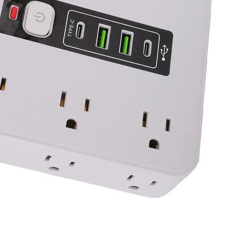 Close-up view of Absolute Game Changer 16 In 1 Smart Power Strip with USB ports and AC outlets.