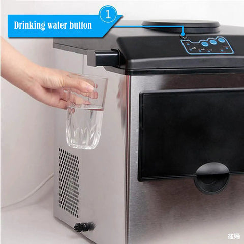 User pressing drinking water button on Game Changing Countertop Ice Maker That Cools Drinks Fast With Soft Chewy Nugget Ice Portable Slim Design.