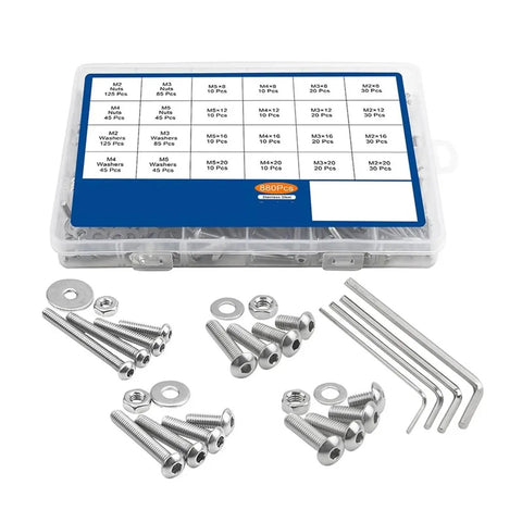 Hex Socket Screw and Nut Kit, 880-piece Stainless Steel Set with Round Cap Head Bolts and Nuts, M2 to M5 Sizes, Grab-and-Go DIY Metalworking Kit for Fast, Durable Fixes, assorted parts in storage case