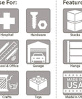 Graphic showing uses for Blue Stackable Plastic Storage Bins in hospitals, hardware, school, garage, crafts, toys; features stackability, hanging, Made in USA.