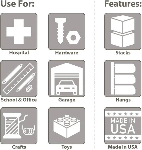 Graphic showing uses for Blue Stackable Plastic Storage Bins in hospitals, hardware, school, garage, crafts, toys; features stackability, hanging, Made in USA.
