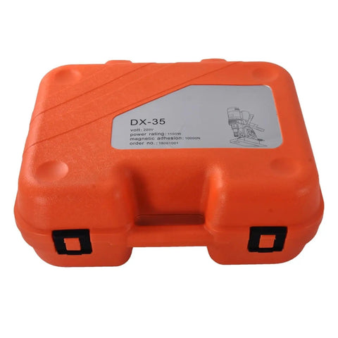 Heavy Hitter Automatic Magnetic Base Drill Press With 1100 Watt Power Tilt Guard Design And Smooth Sliding Adjustment For Fast No Fuss Metalworking orange carrying case.