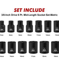 3/8 Inch Drive Magnetic Socket Set Shallow 6-Point Metric 7mm To 19mm, 13-Piece CR-MO Steel With Corrosion-Resistant Black Finish