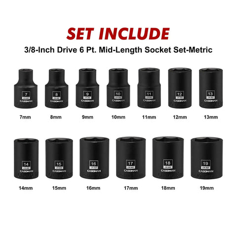 3/8 Inch Drive Magnetic Socket Set Shallow 6-Point Metric 7mm To 19mm, 13-Piece CR-MO Steel With Corrosion-Resistant Black Finish