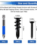 Built Tough Self Drilling Drywall Anchors With Screws Kit includes drill bit, 75 black drywall anchors, and 75 screws for mounting.