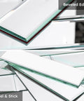 Close-up of Peel And Stick Beveled Mirror Subway Tiles Silver 4x12 Inch for kitchen backsplash, showcasing beveled edges.