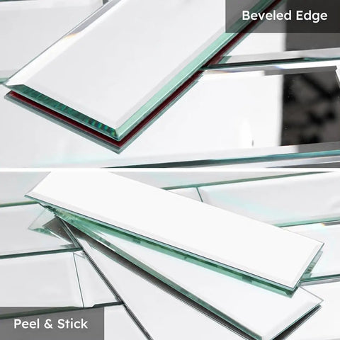 Close-up of Peel And Stick Beveled Mirror Subway Tiles Silver 4x12 Inch for kitchen backsplash, showcasing beveled edges.