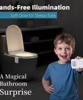 Child holding Two Pack Toilet Night Lights With Motion Activated Sensor and 16 Color Changing LED inside toilet bowl nightlight