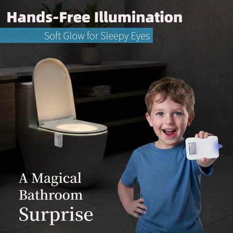 Child holding Two Pack Toilet Night Lights With Motion Activated Sensor and 16 Color Changing LED inside toilet bowl nightlight