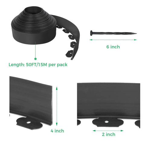 DIY Friendly No Dig Landscape Edging Kit 4-Inch By 50 Feet With 75 Spikes Flexible Plastic Border showing roll, spikes, and dimensions