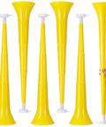 Six Pack Vuvuzela Stadium Horns 21 Inch Collapsible Plastic Trumpet Noisemakers in yellow displayed with hand holding one