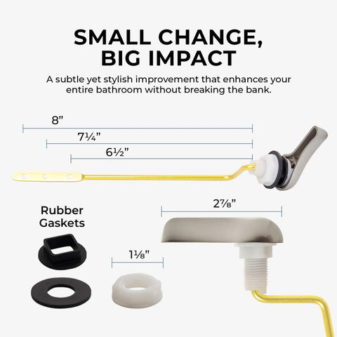 Brushed Nickel Side Mount Toilet Handle Replacement Kit showing components with measurements and rubber gaskets display.