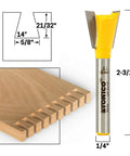 Hella Sharp 5 Piece Dovetail Router Bit Set With Quarter Inch Shank And Ridiculously Durable Tungsten Carbide Blades For Knocking Out Tight Cabinet Drawer Joints On Cnc Or Benchtop Routers with detailed measurements.
