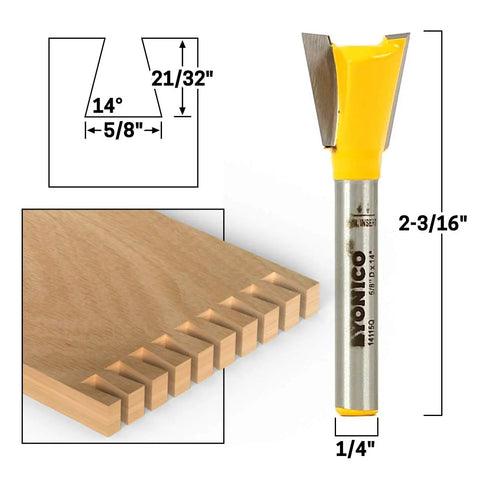 Hella Sharp 5 Piece Dovetail Router Bit Set With Quarter Inch Shank And Ridiculously Durable Tungsten Carbide Blades For Knocking Out Tight Cabinet Drawer Joints On Cnc Or Benchtop Routers with detailed measurements.