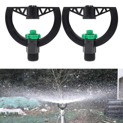 2 Pack 6 Nozzle Center Pivot Sprinkler System For Low Pressure Irrigation, black and green nozzles, spraying in garden.