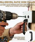 Wire Puller Tool For Conduit And Cable attached to drill for threading, professional grade cable fishing device in use