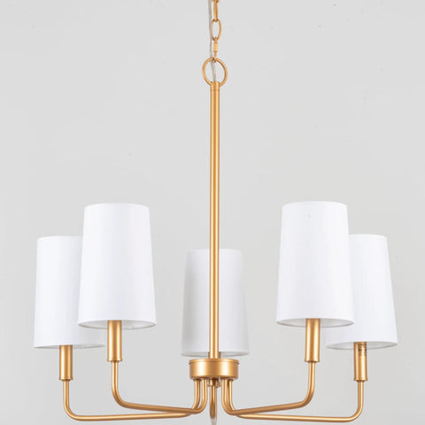 Muted Gold Chandelier With White Fabric Shades For Modern Farmhouse Linear Island Lighting In Kitchen And Dining Room, 5-Light Fixture