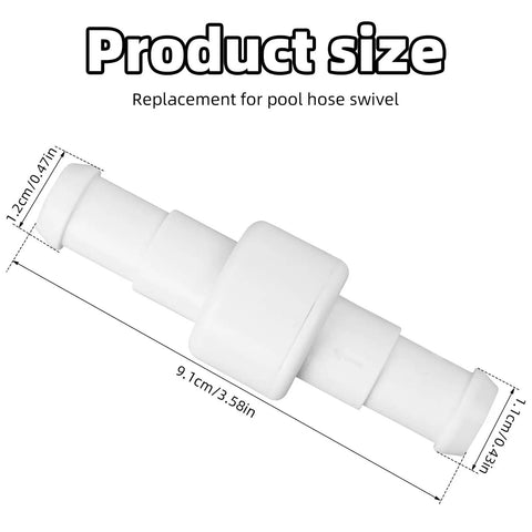 3 Pack Pool Cleaner Hose Ball Bearing Swivel Replacement Compatible With D20 180 280 380 480 Pro 3900 Sport Hose Connectors Parts, Premium ABS, Durable, Easy Install, No Fuss Fit, Keeps Suction Smooth. White ABS pool hose swivel, 9.1 cm long, 1.2 cm ends