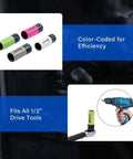 20 Piece One Half Inch Drive Lug Nut Socket Set Color Coded By Size With Thin Wall Non Marring Six Point Impact Lug Extractor Kit
