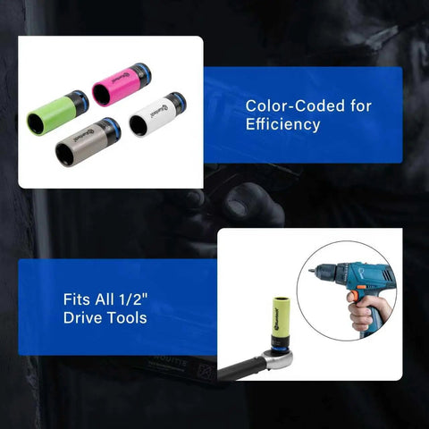 20 Piece One Half Inch Drive Lug Nut Socket Set Color Coded By Size With Thin Wall Non Marring Six Point Impact Lug Extractor Kit