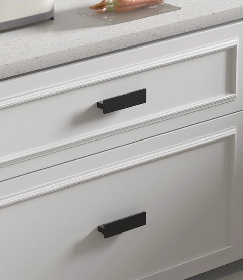 10 Pack 3 Inch Matte Black Kitchen Cabinet Handles And Drawer Pulls installed on white kitchen cabinet