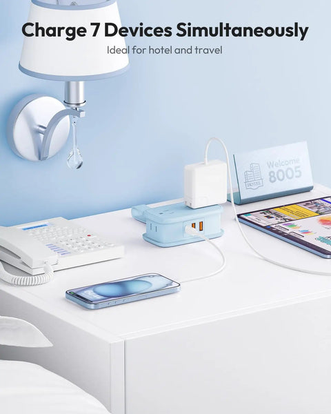 Go To Travel Power Strip With USB Ports And Flat Plug Two Outlets And Three USB Ports Three Foot Extension Cord on hotel desk