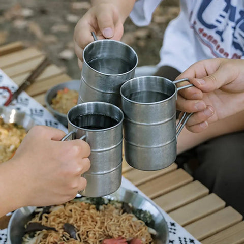 Three stainless steel water cups 350ml multi function camping mugs with smooth edges design silver for outdoor adventures and picnics.