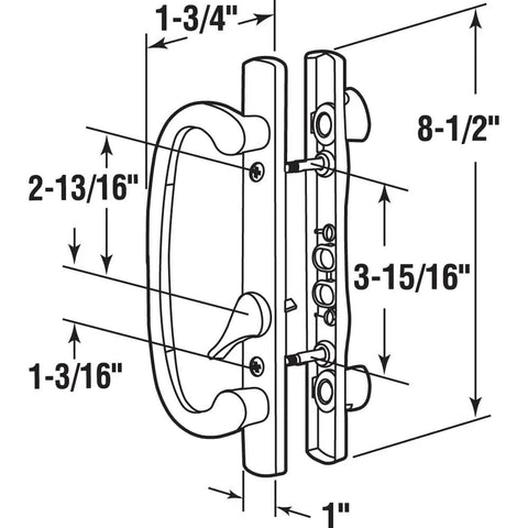 Dimensions diagram of Mortise Style Sliding Patio Door Handle Set White Diecast Non Keyed Replacement Inside And Outside Handles