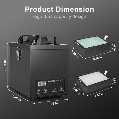 Solder Fume Extractor With Strong 200m3h Suction, H13 HEPA Filtration, dimensions and filter details shown