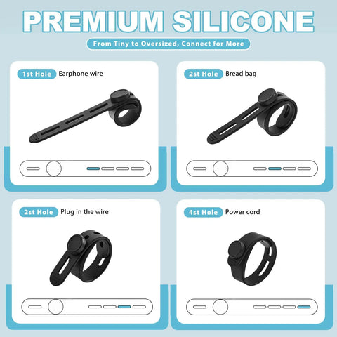Reusable Silicone Cable Ties Cord Organizer Set for earphone, bread bag, plug wire, power cord shown in black