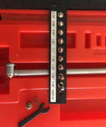 LLDSIMEX dial bore gauge set on a black mounting rack; 0.7-1.5 in range, 0.0005 in graduation.