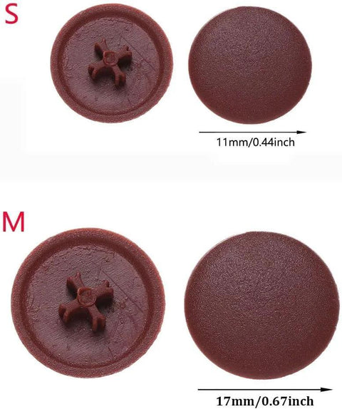 11mm and 17mm screw cap covers, front and back view, part of 100 Pcs 11mm Screw Cap Covers Assortment Kit Rubber and Plastic Caps for Phillips Screws.