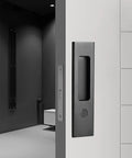 6.3 Inch Privacy Pocket Door Lock Set for double barn doors, silent mortise lock hardware in black installed on white door