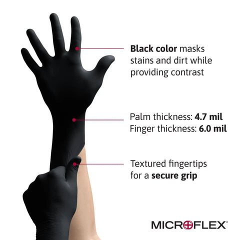 Person wearing MidKnight Disposable Nitrile Gloves Black Full Textured Grip Grippy For Automotive And Law Enforcement Tattooing Latex Free And Powder Free Large Size Comfortable Touch
